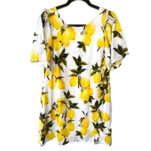 Loveriche Yellow Lemon Print Short Sleeve White Cotton Dress Large